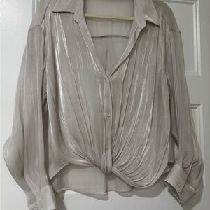Zara Metallic Cream Button-Down Knot-Front Shirt